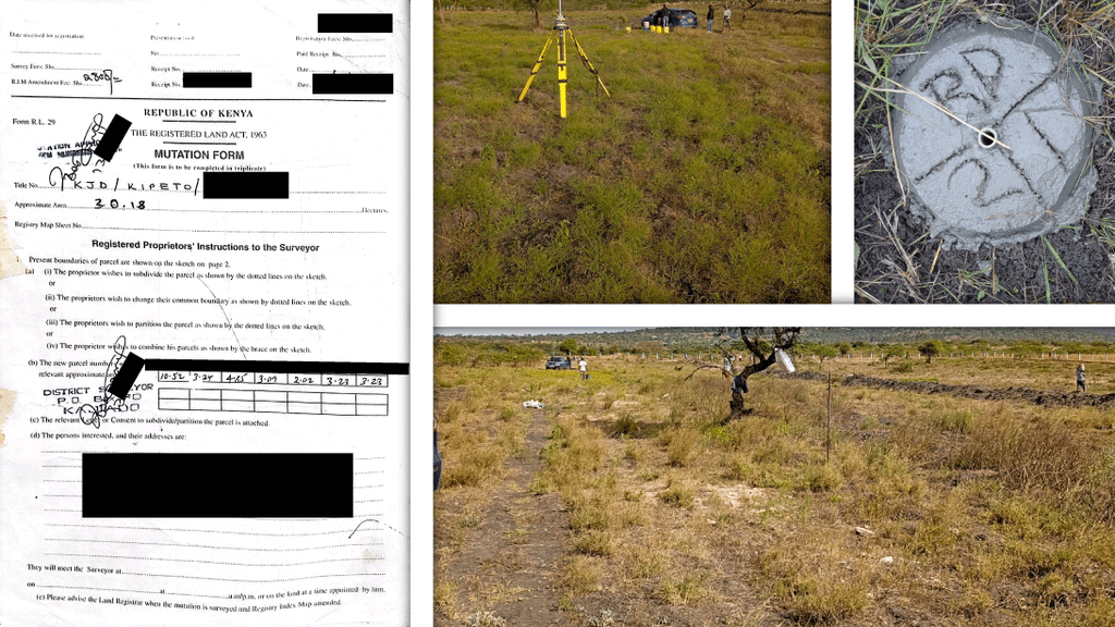 a compilation images showing land subdivision in birika, a mutation form, land beacons, and GNSS machine