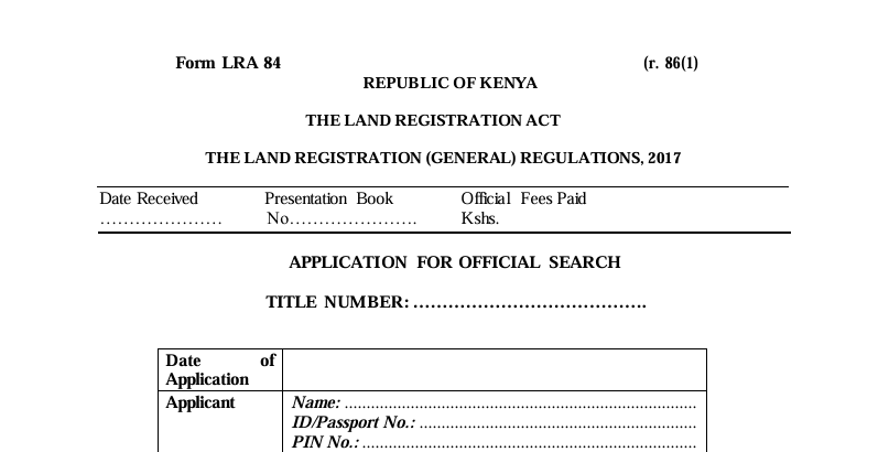 Form LRA-84 APPLICATION FOR OFFICIAL LAND SEARCH IN KENYA IMAGE